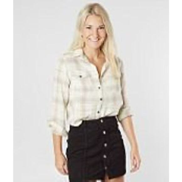 Billabong Venture Out Plaid Shirt Women’s Size M Cream/Tan EUC - Picture 1 of 11